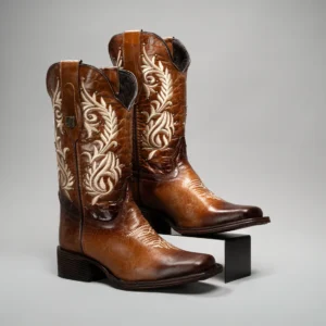 Embroidered Square Toe Fish Cowboy Boots Tan