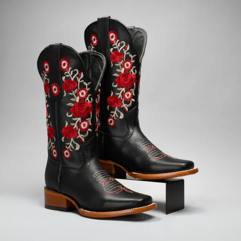 Red Embroidered Square Toe Fish Cowboy Boots