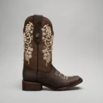Women’s Brown Embroidered Square Toe Fish Cowboy Boots