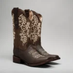Women’s Brown Embroidered Square Toe Fish Cowboy Boots