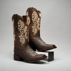 Women’s Brown Embroidered Square Toe Fish Cowboy Boots