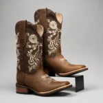 Women’s Embroidered Square Toe Fish Cowboy Boots in Brown