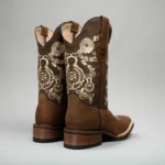 Women’s Embroidered Square Toe Fish Cowboy Boots in Brown