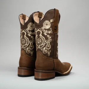 Women’s Embroidered Square Toe Fish Cowboy Boots in Brown