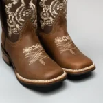 Women’s Embroidered Square Toe Fish Cowboy Boots in Brown