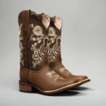 Women’s Embroidered Square Toe Fish Cowboy Boots in Brown
