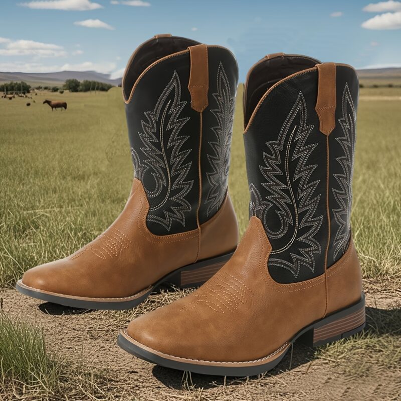 Square Toe Western Short Boots with Embroidered Detailing