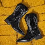 Retro Men’s Fish Cowboy Boots With Crocodile Pattern