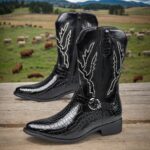 Retro Men’s Fish Cowboy Boots With Crocodile Pattern