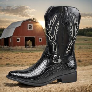 Retro Men’s Fish Cowboy Boots With Crocodile Pattern