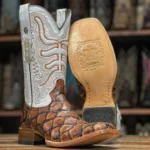 Back view of men’s cognac monster fish leather boots