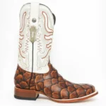 Side view of men’s cognac monster fish leather boots