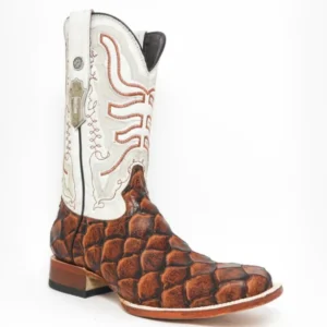 Men’s cognac monster fish leather square toe boots
