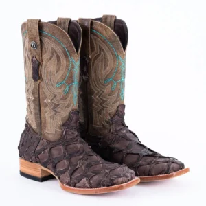 Handmade Tobacco Monster Fish Leather Square Toe Boots